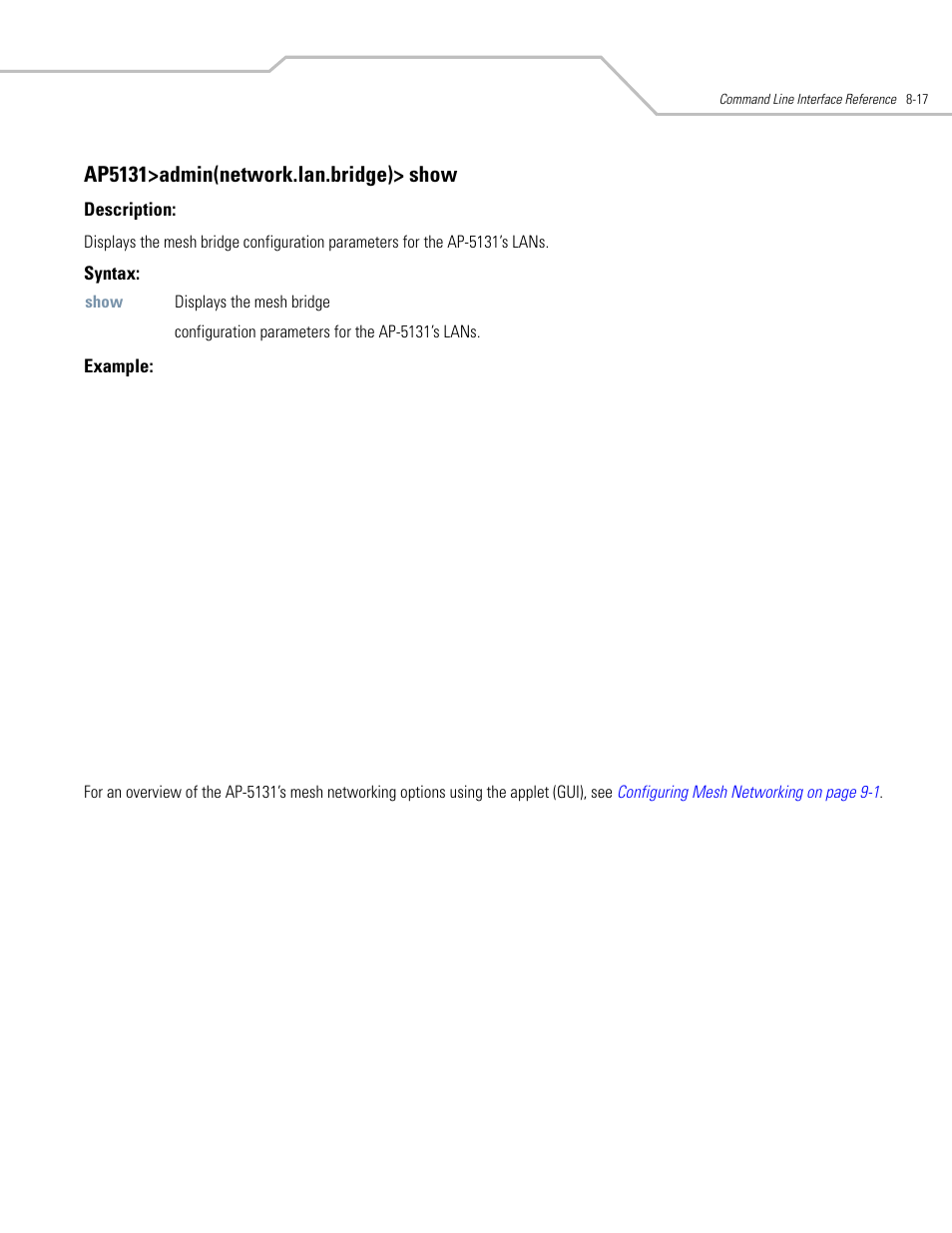 Ap5131>admin(network.lan.bridge)> show | Symbol Technologies AP-5131 User Manual | Page 311 / 578