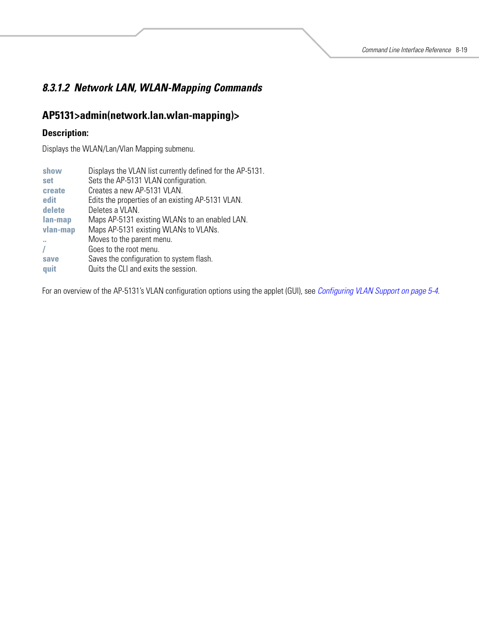 Network lan, wlan-mapping commands -19 | Symbol Technologies AP-5131 User Manual | Page 313 / 578