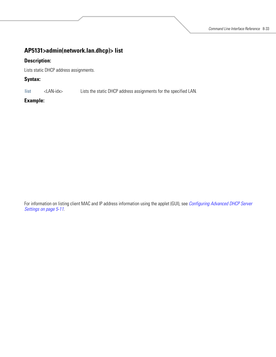 Ap5131>admin(network.lan.dhcp)> list | Symbol Technologies AP-5131 User Manual | Page 327 / 578