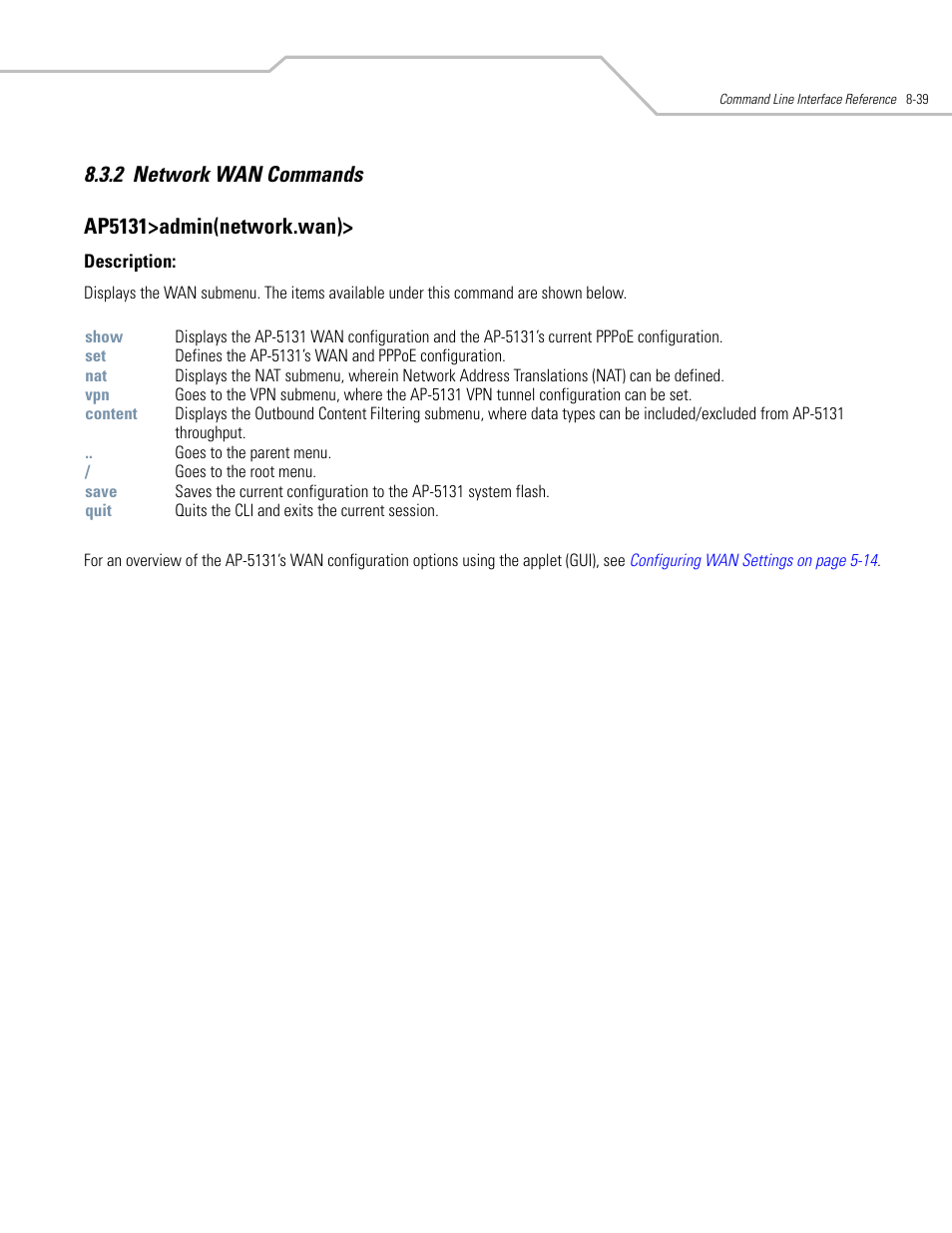 Network wan commands -39 | Symbol Technologies AP-5131 User Manual | Page 333 / 578