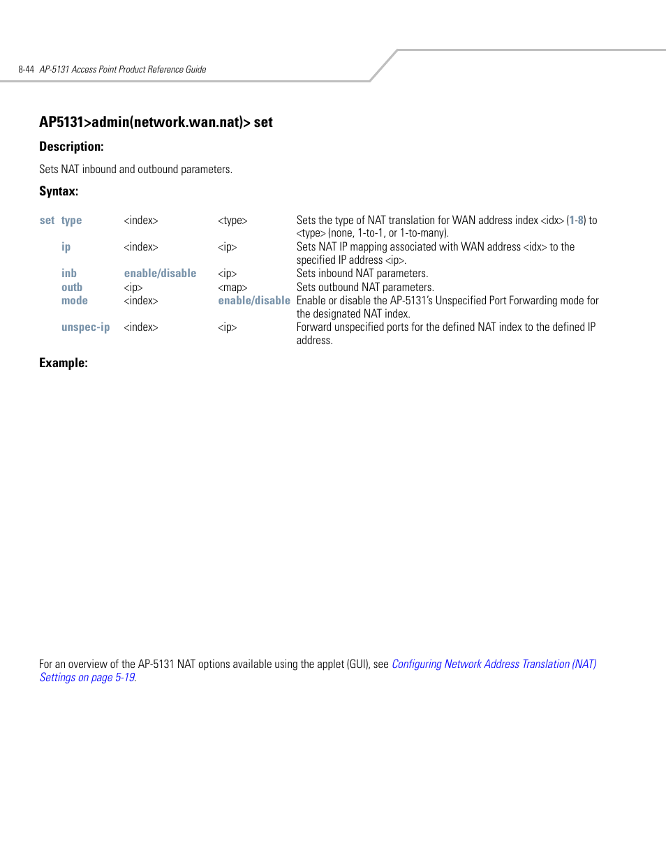 Ap5131>admin(network.wan.nat)> set | Symbol Technologies AP-5131 User Manual | Page 338 / 578