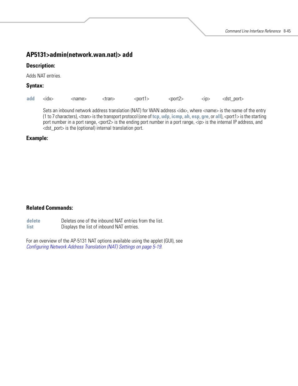 Ap5131>admin(network.wan.nat)> add | Symbol Technologies AP-5131 User Manual | Page 339 / 578