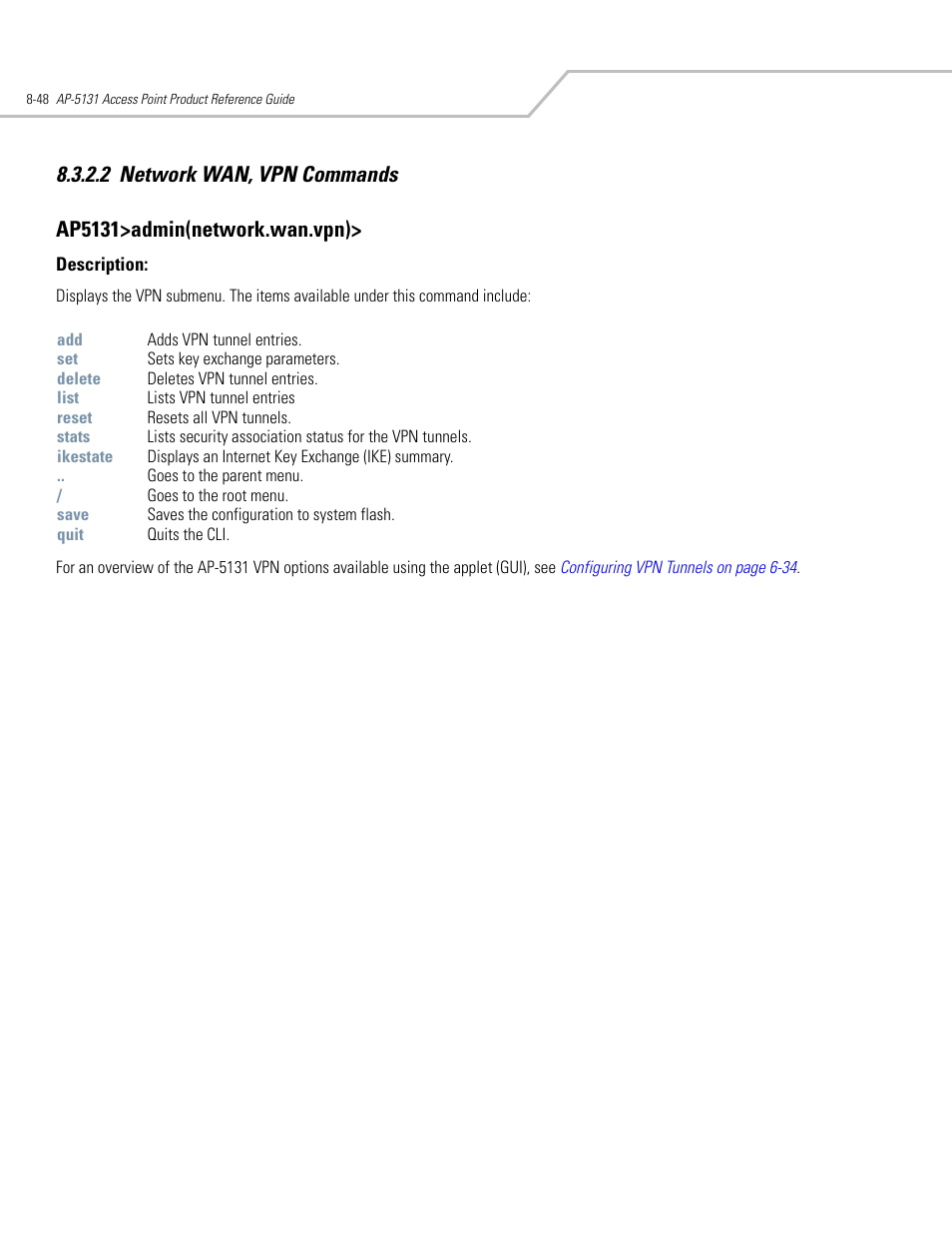 Network wan, vpn commands -48 | Symbol Technologies AP-5131 User Manual | Page 342 / 578