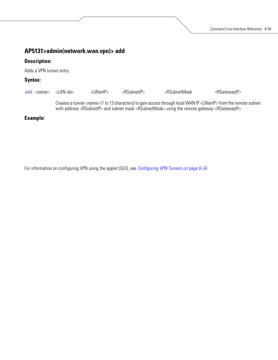 Ap5131>admin(network.wan.vpn)> add | Symbol Technologies AP-5131 User Manual | Page 343 / 578