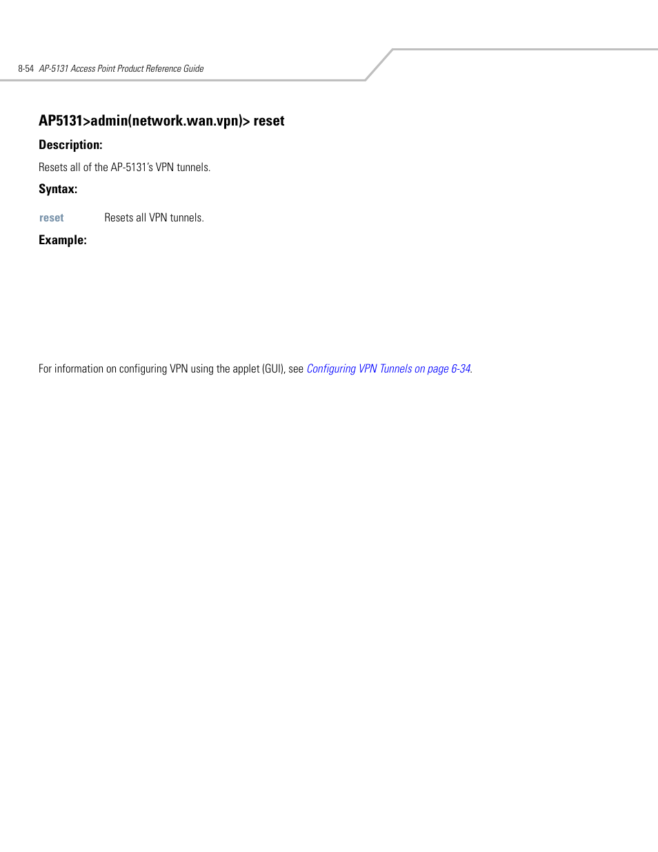 Ap5131>admin(network.wan.vpn)> reset | Symbol Technologies AP-5131 User Manual | Page 348 / 578