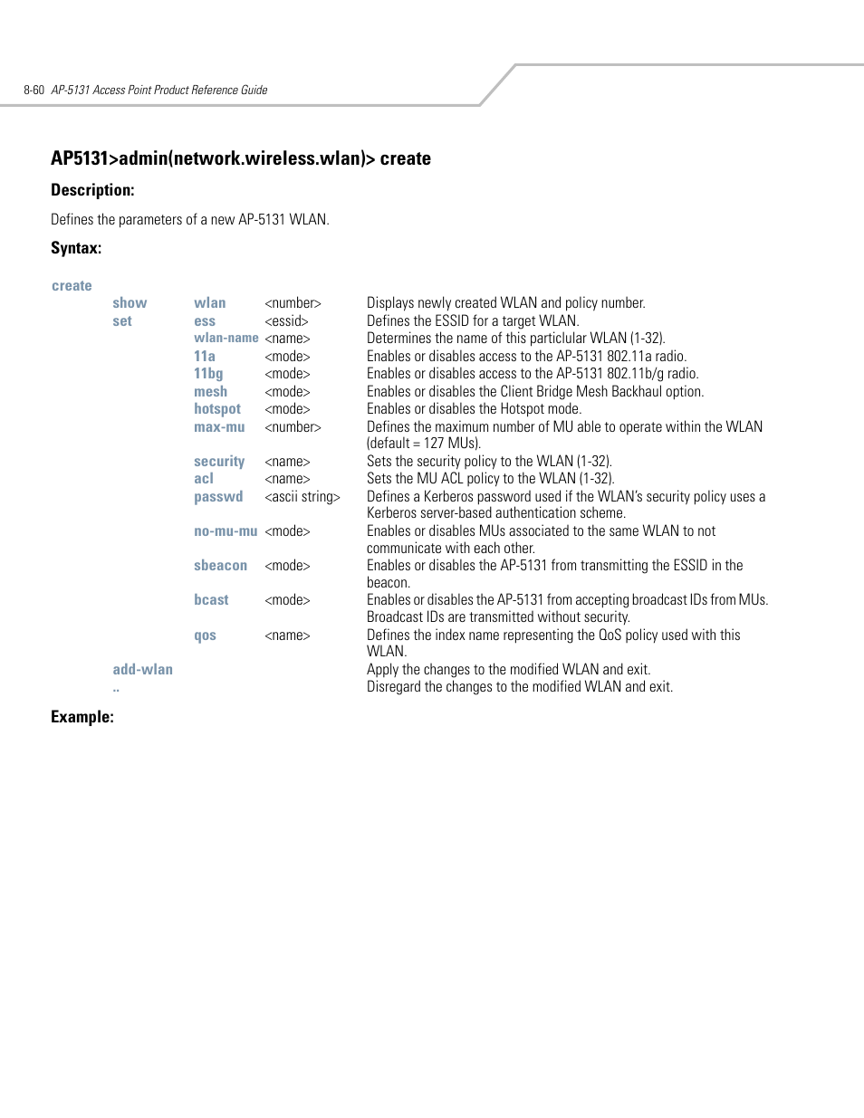 Ap5131>admin(network.wireless.wlan)> create | Symbol Technologies AP-5131 User Manual | Page 354 / 578