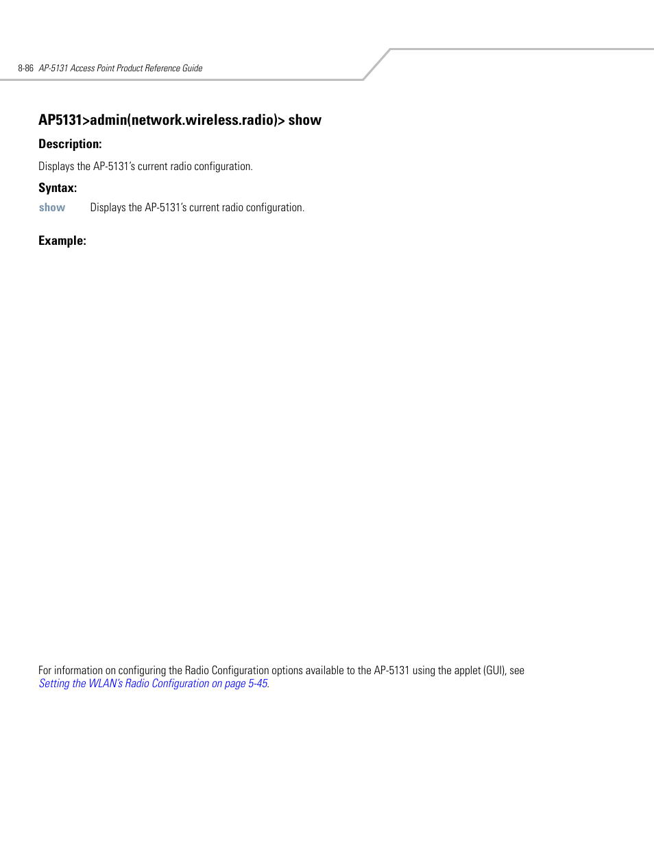 Ap5131>admin(network.wireless.radio)> show | Symbol Technologies AP-5131 User Manual | Page 380 / 578