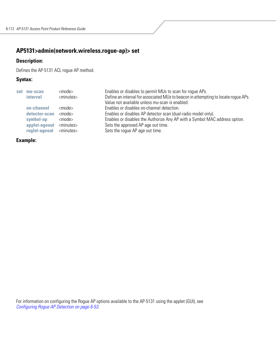 Ap5131>admin(network.wireless.rogue-ap)> set | Symbol Technologies AP-5131 User Manual | Page 406 / 578