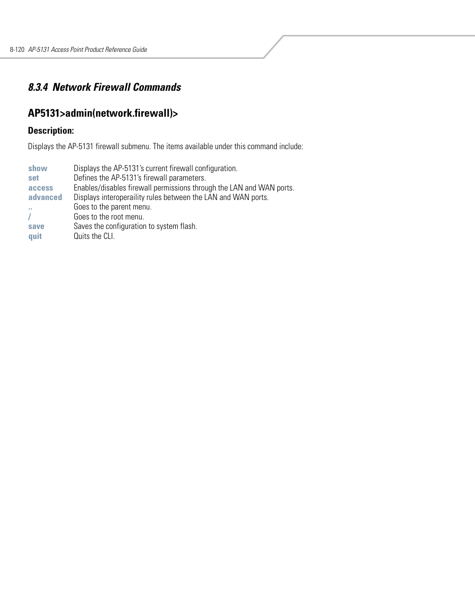 Network firewall commands -120 | Symbol Technologies AP-5131 User Manual | Page 414 / 578
