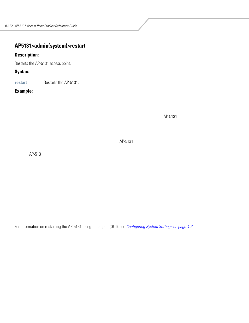 Ap5131>admin(system)>restart | Symbol Technologies AP-5131 User Manual | Page 426 / 578