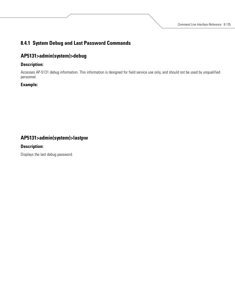 System debug and last password commands -135, Ap5131>admin(system)>lastpw | Symbol Technologies AP-5131 User Manual | Page 429 / 578