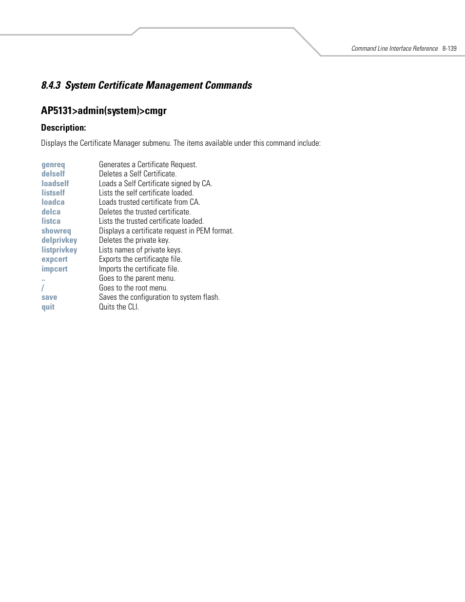 System certificate management commands -139 | Symbol Technologies AP-5131 User Manual | Page 433 / 578