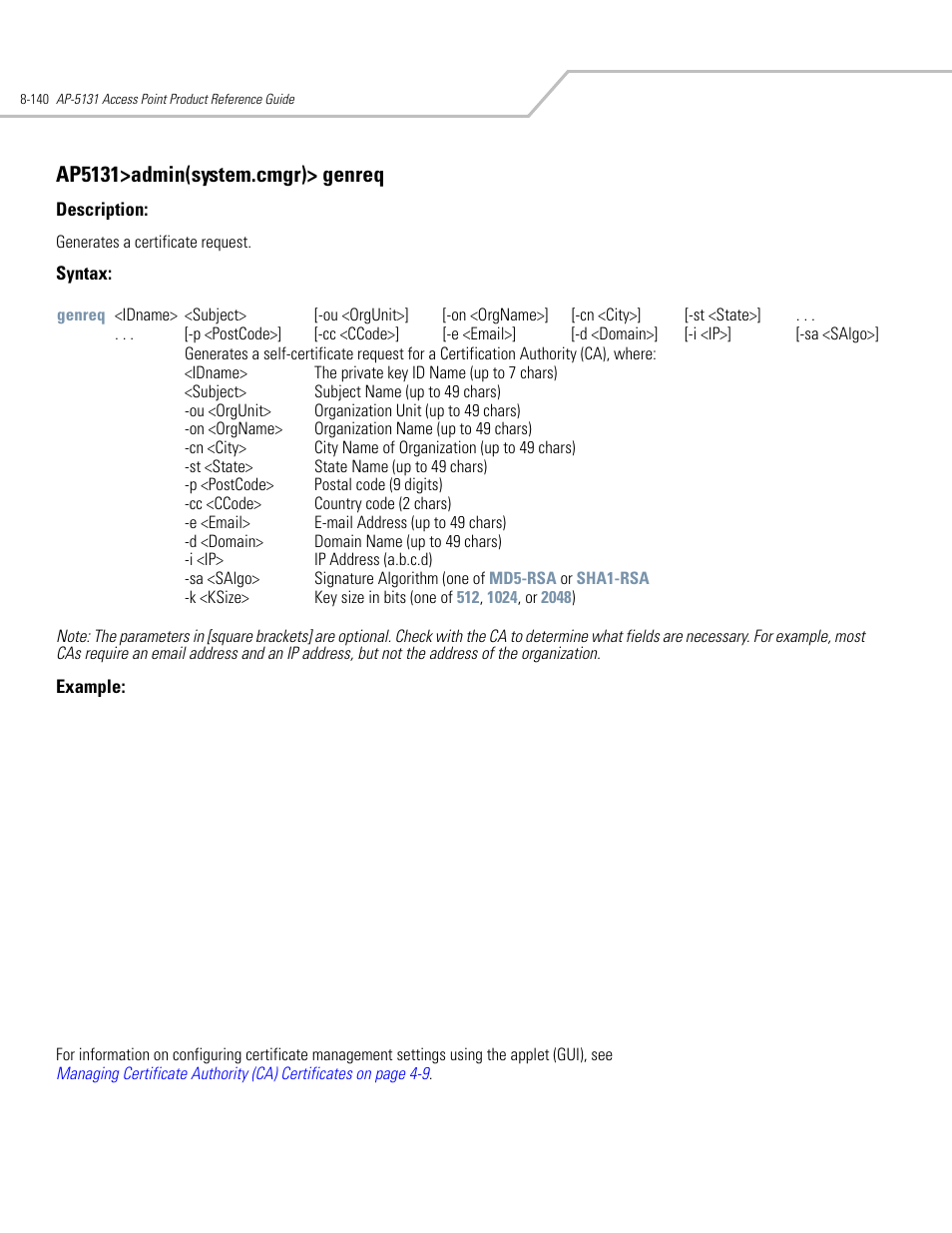 Ap5131>admin(system.cmgr)> genreq | Symbol Technologies AP-5131 User Manual | Page 434 / 578