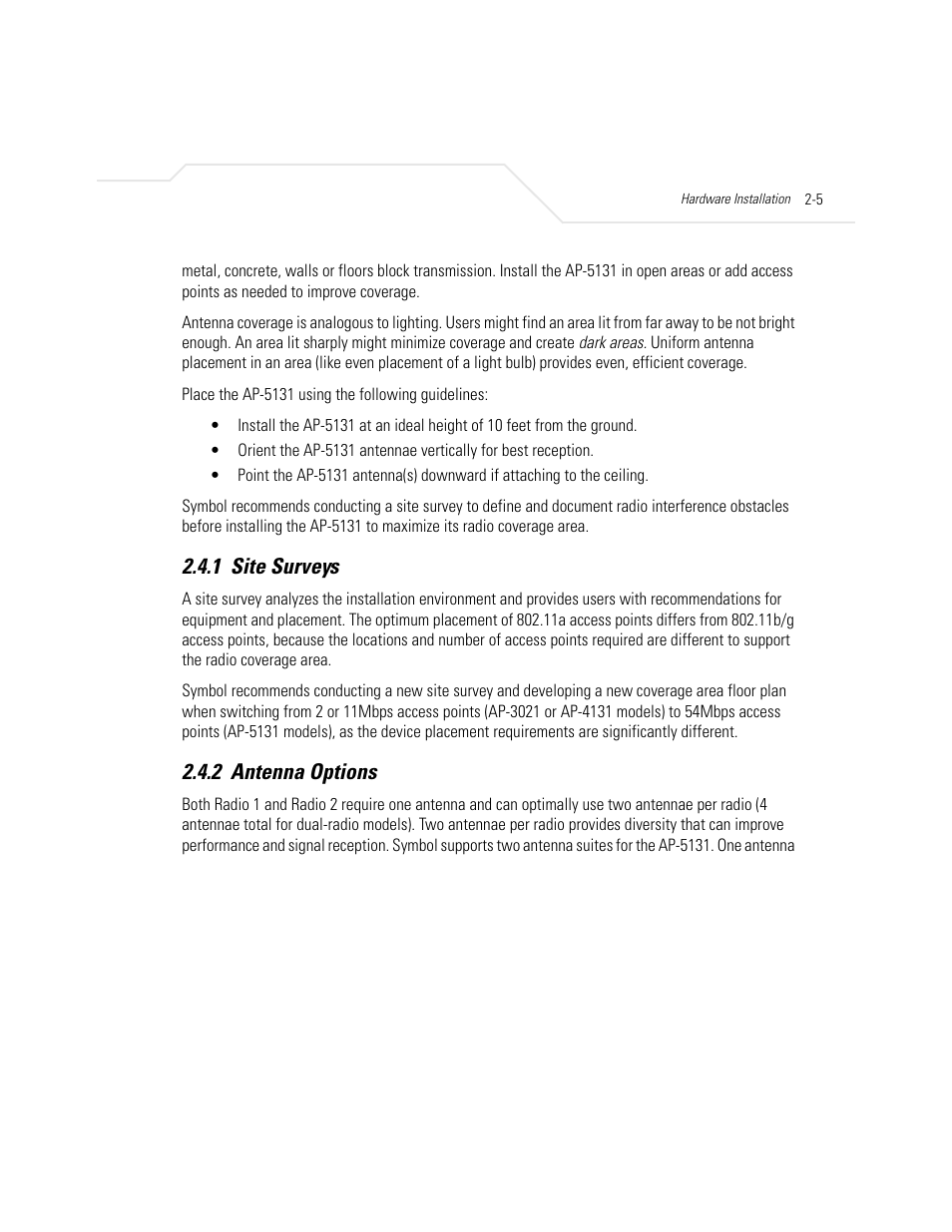 1 site surveys, 2 antenna options, Site surveys -5 antenna options -5 | For deta | Symbol Technologies AP-5131 User Manual | Page 45 / 578