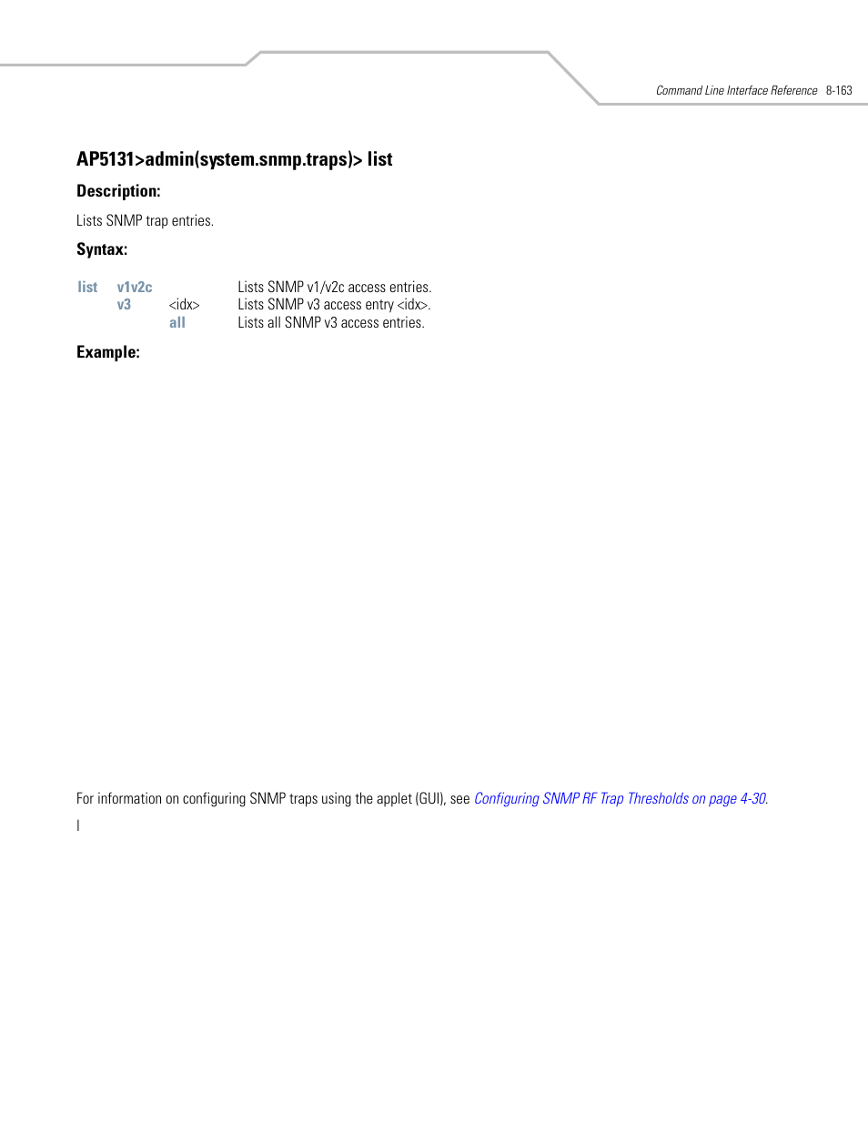 Ap5131>admin(system.snmp.traps)> list | Symbol Technologies AP-5131 User Manual | Page 457 / 578