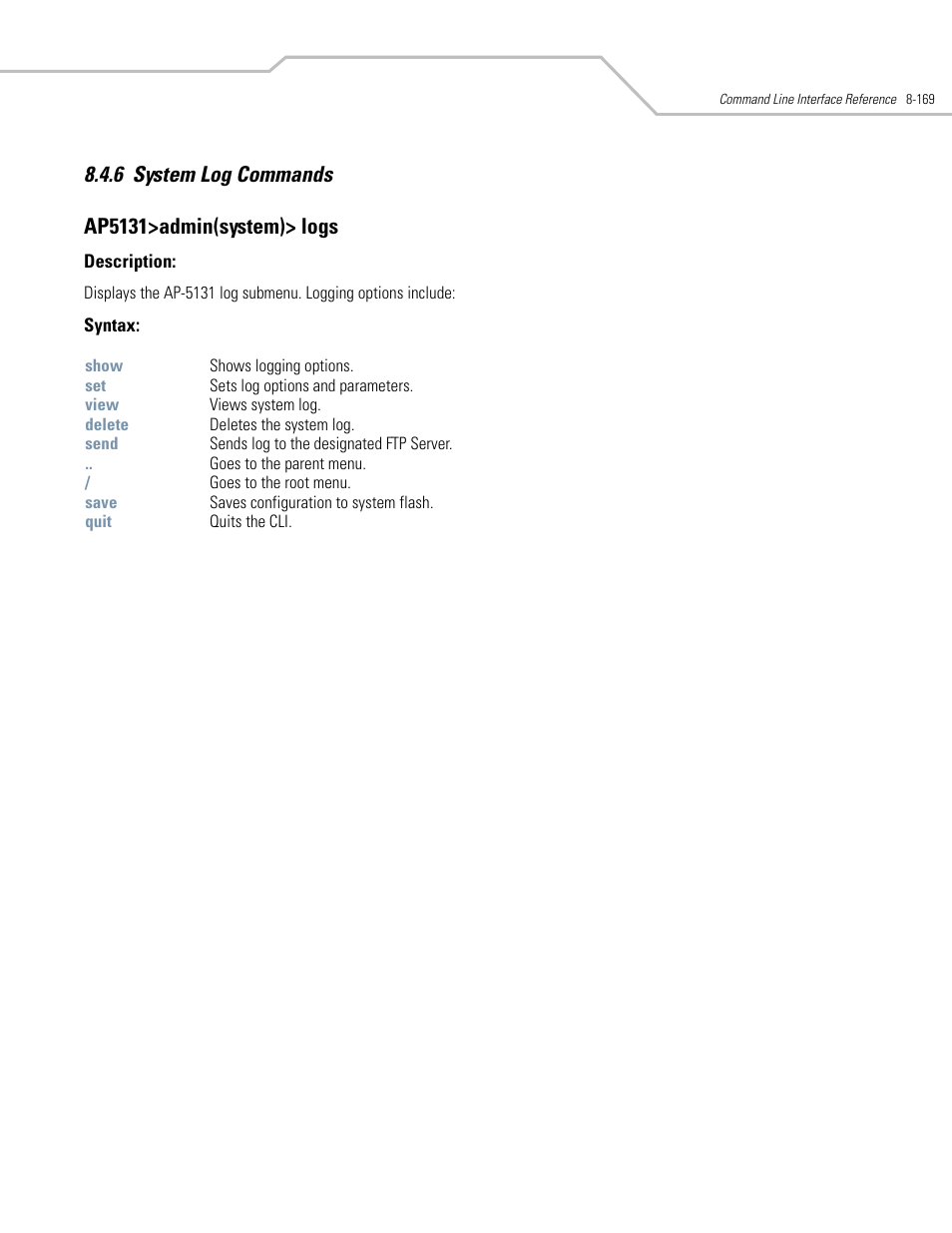 System log commands -169 | Symbol Technologies AP-5131 User Manual | Page 463 / 578
