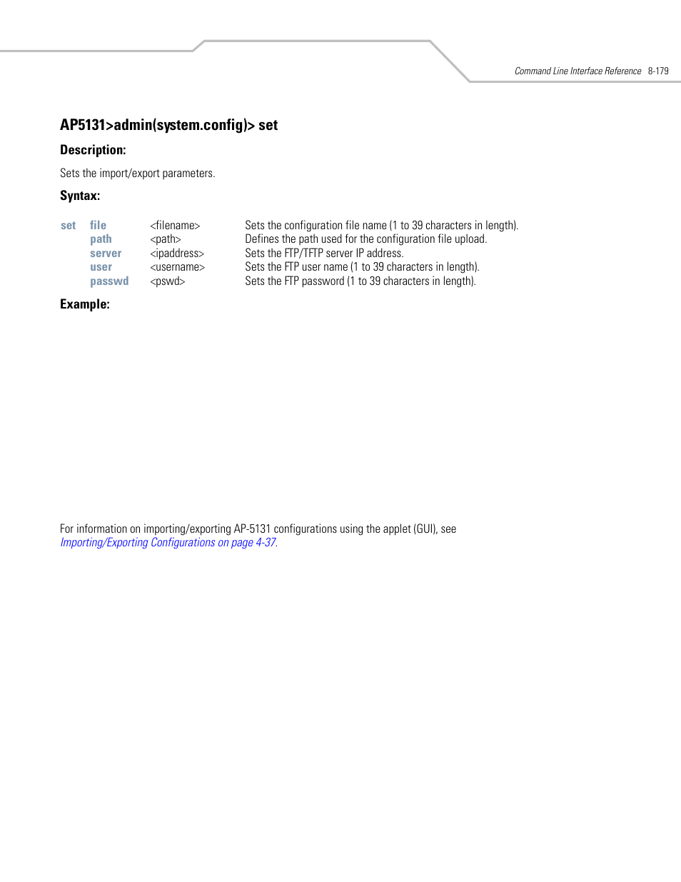 Ap5131>admin(system.config)> set | Symbol Technologies AP-5131 User Manual | Page 473 / 578