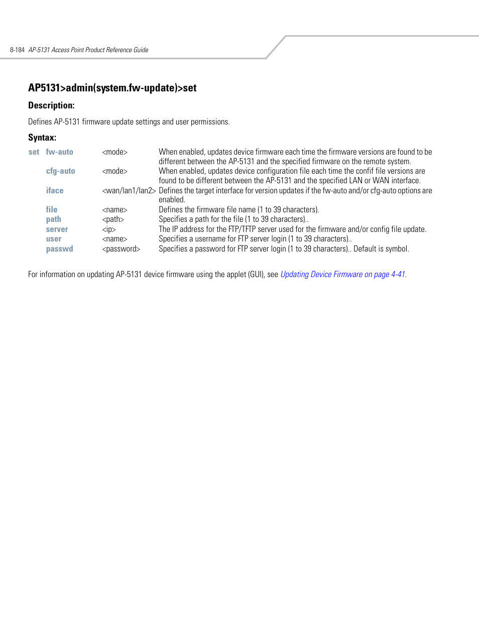 Ap5131>admin(system.fw-update)>set | Symbol Technologies AP-5131 User Manual | Page 478 / 578