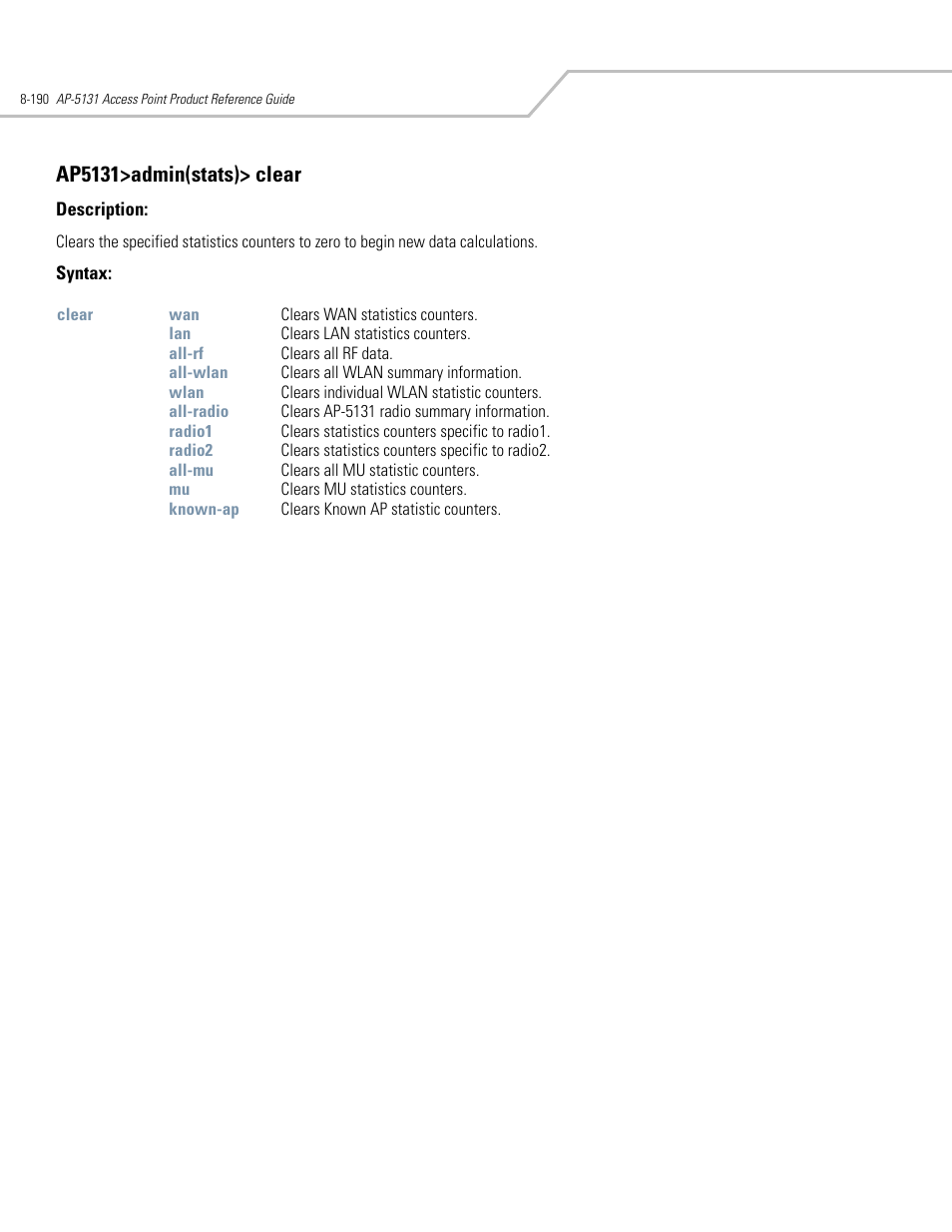 Ap5131>admin(stats)> clear | Symbol Technologies AP-5131 User Manual | Page 484 / 578