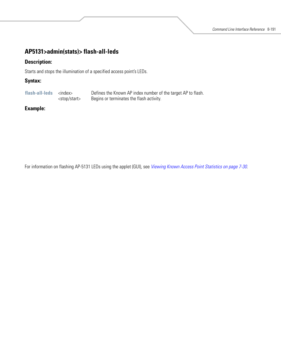 Ap5131>admin(stats)> flash-all-leds | Symbol Technologies AP-5131 User Manual | Page 485 / 578
