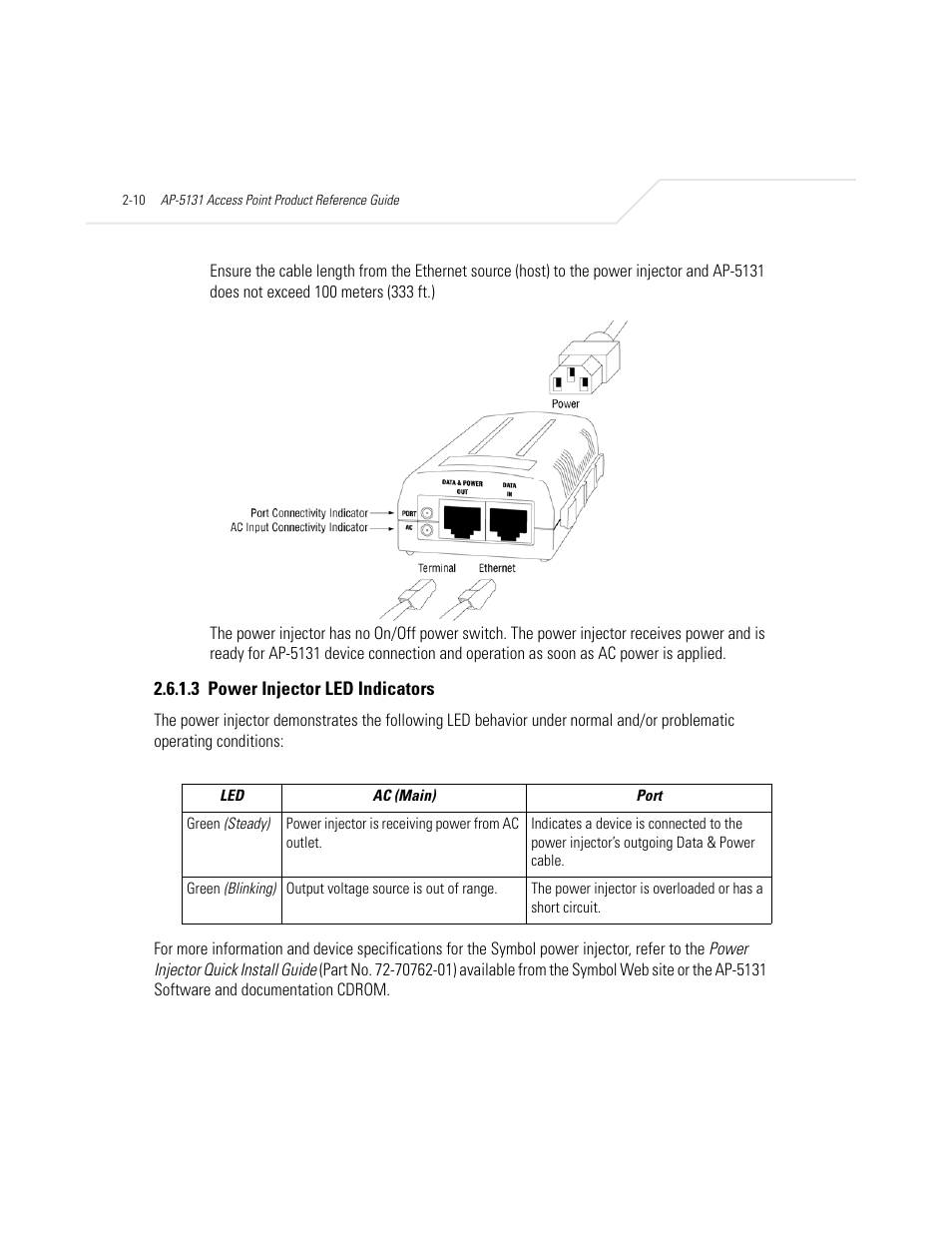 3 power injector led indicators, Power injector led indicators -10 | Symbol Technologies AP-5131 User Manual | Page 50 / 578