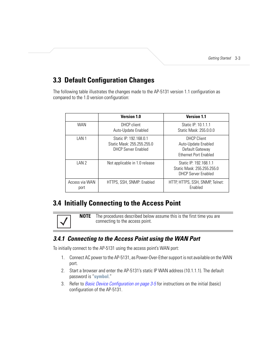 3 default configuration changes, 4 initially connecting to the access point, Default configuration changes -3 | Initially connecting to the access point -3 | Symbol Technologies AP-5131 User Manual | Page 65 / 578
