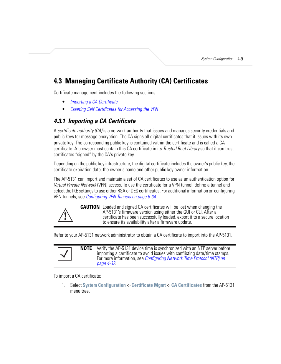 3 managing certificate authority (ca) certificates, 1 importing a ca certificate, Importing a ca certificate -9 | Managing certificate authority (ca) certificates | Symbol Technologies AP-5131 User Manual | Page 85 / 578