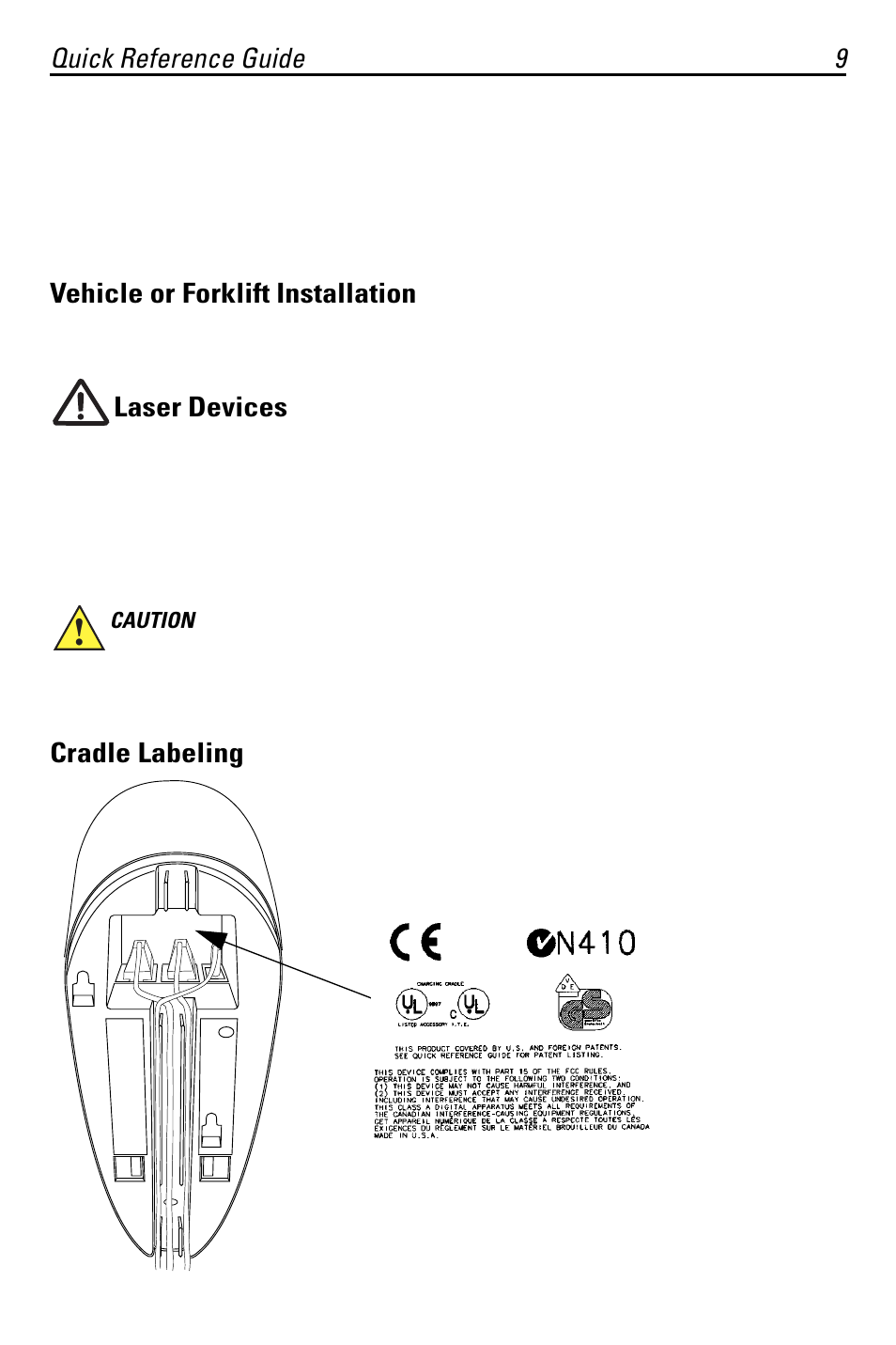 Quick reference guide 9, Vehicle or forklift installation, Laser devices | Cradle labeling | Symbol Technologies PL460 User Manual | Page 9 / 16