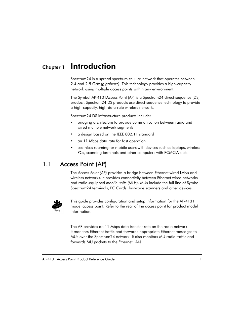 Chapter 1 introduction, 1 access point (ap), Introduction | Symbol Technologies Spectrum24 AP-4131 User Manual | Page 11 / 250