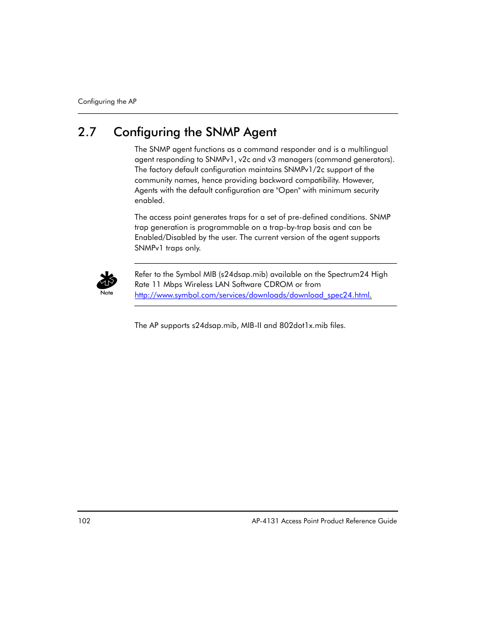 7 configuring the snmp agent | Symbol Technologies Spectrum24 AP-4131 User Manual | Page 112 / 250