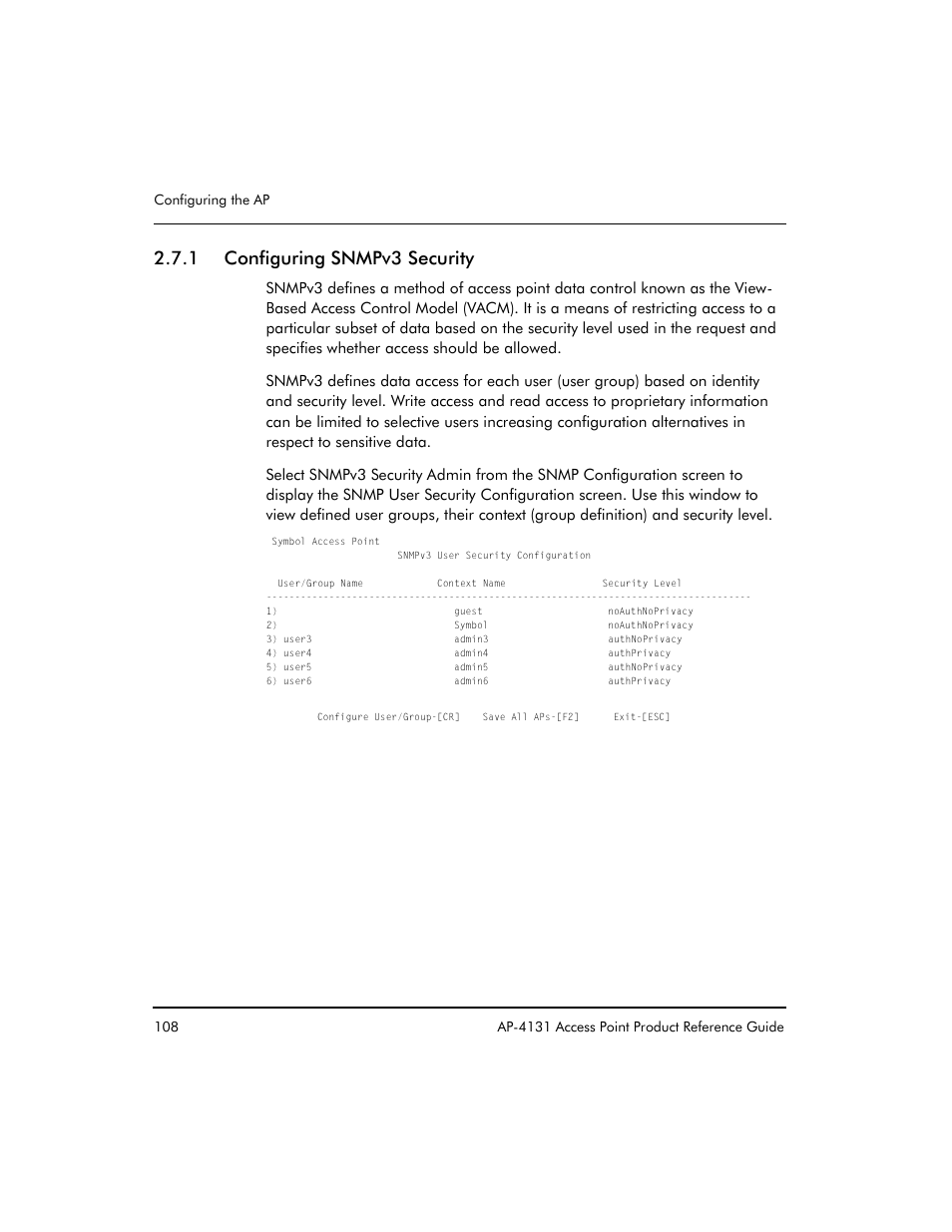 1 configuring snmpv3 security | Symbol Technologies Spectrum24 AP-4131 User Manual | Page 118 / 250