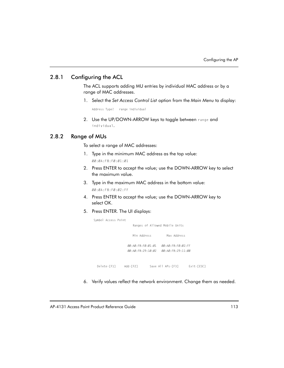 1 configuring the acl, 2 range of mus | Symbol Technologies Spectrum24 AP-4131 User Manual | Page 123 / 250