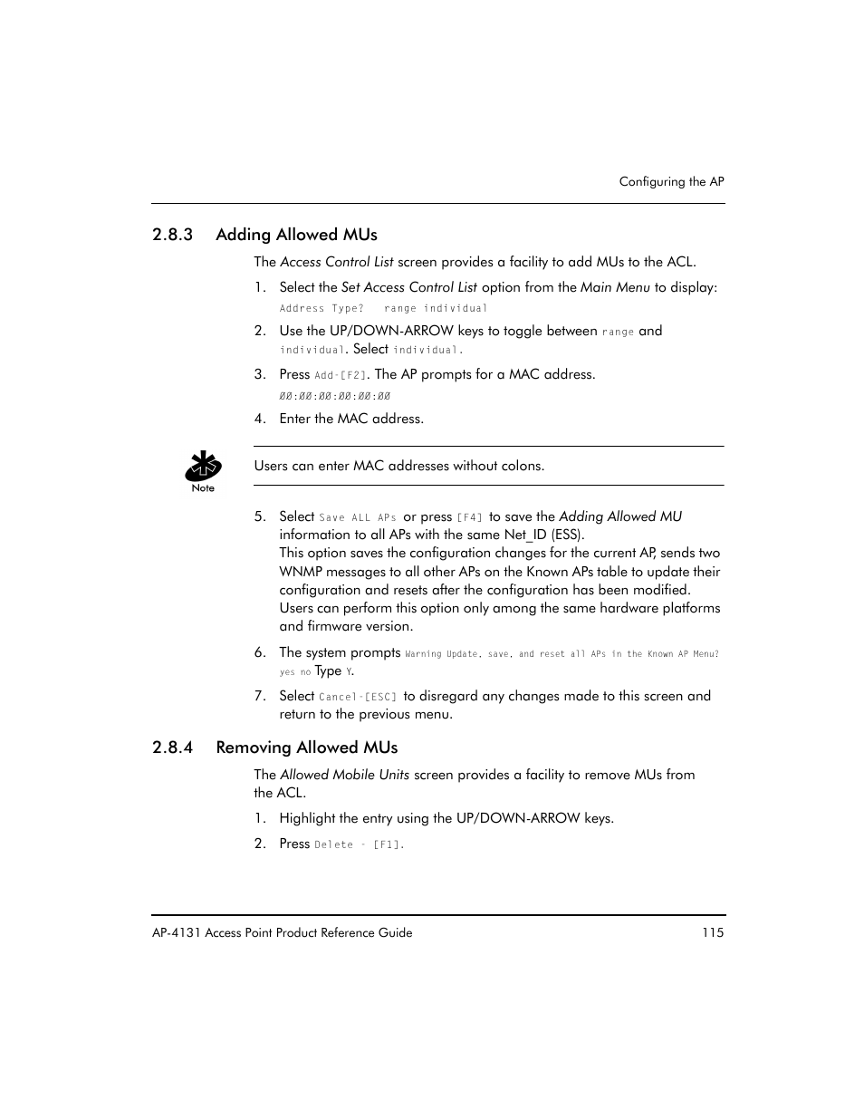 3 adding allowed mus, 4 removing allowed mus | Symbol Technologies Spectrum24 AP-4131 User Manual | Page 125 / 250