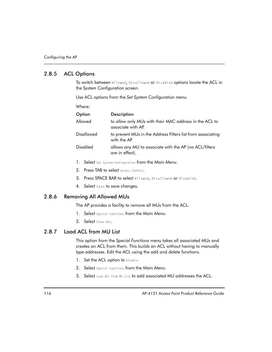 5 acl options, 6 removing all allowed mus, 7 load acl from mu list | Symbol Technologies Spectrum24 AP-4131 User Manual | Page 126 / 250