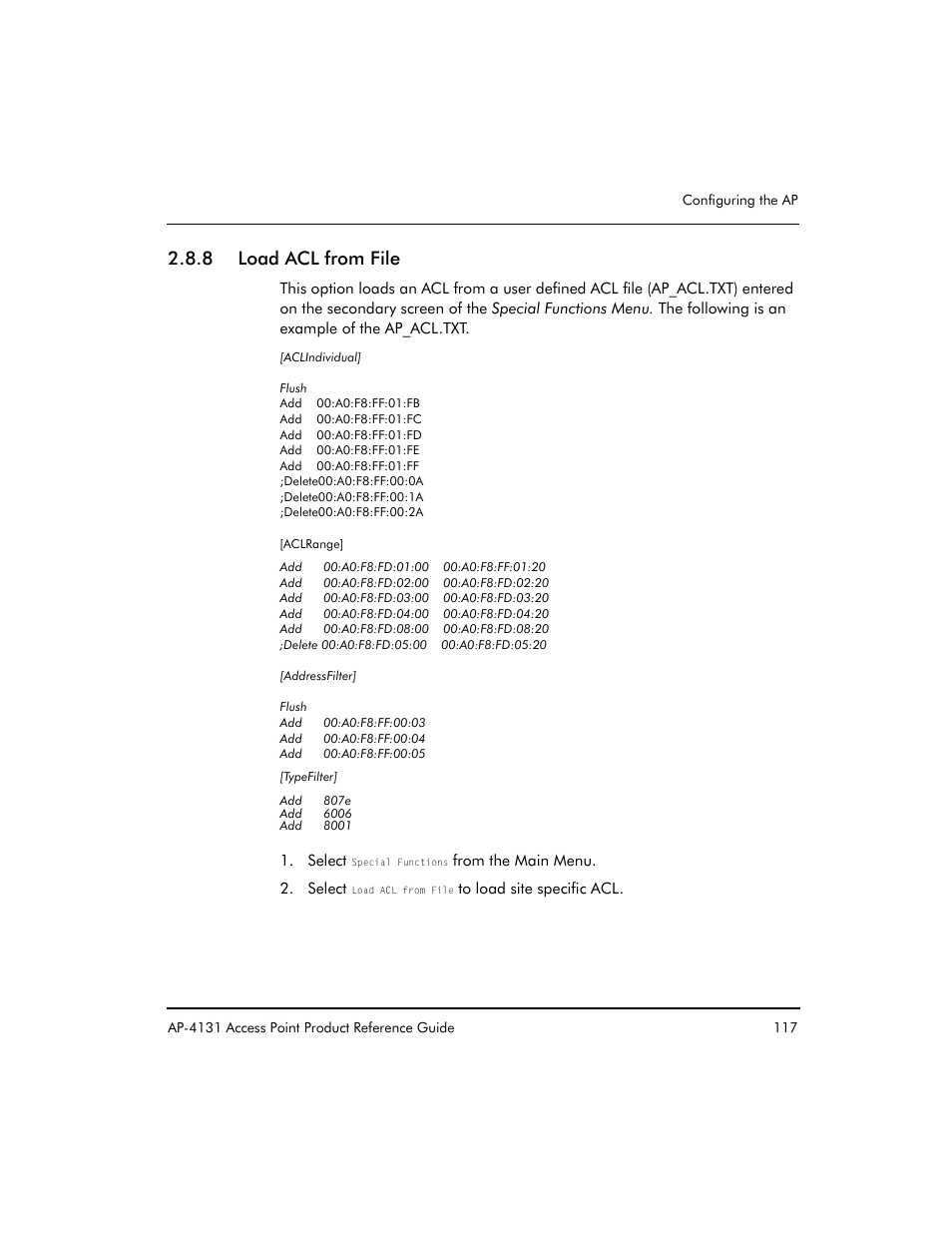 8 load acl from file | Symbol Technologies Spectrum24 AP-4131 User Manual | Page 127 / 250