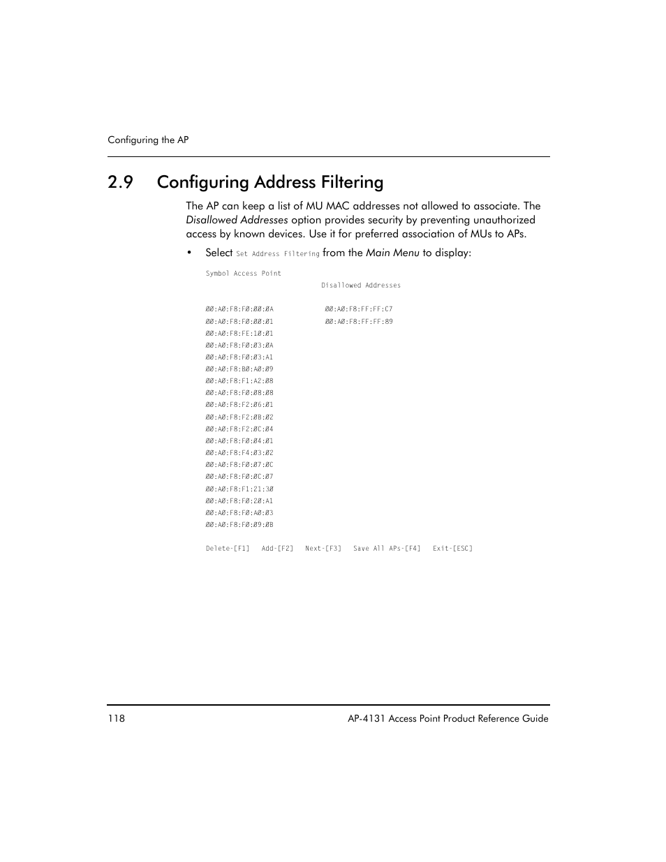 9 configuring address filtering | Symbol Technologies Spectrum24 AP-4131 User Manual | Page 128 / 250