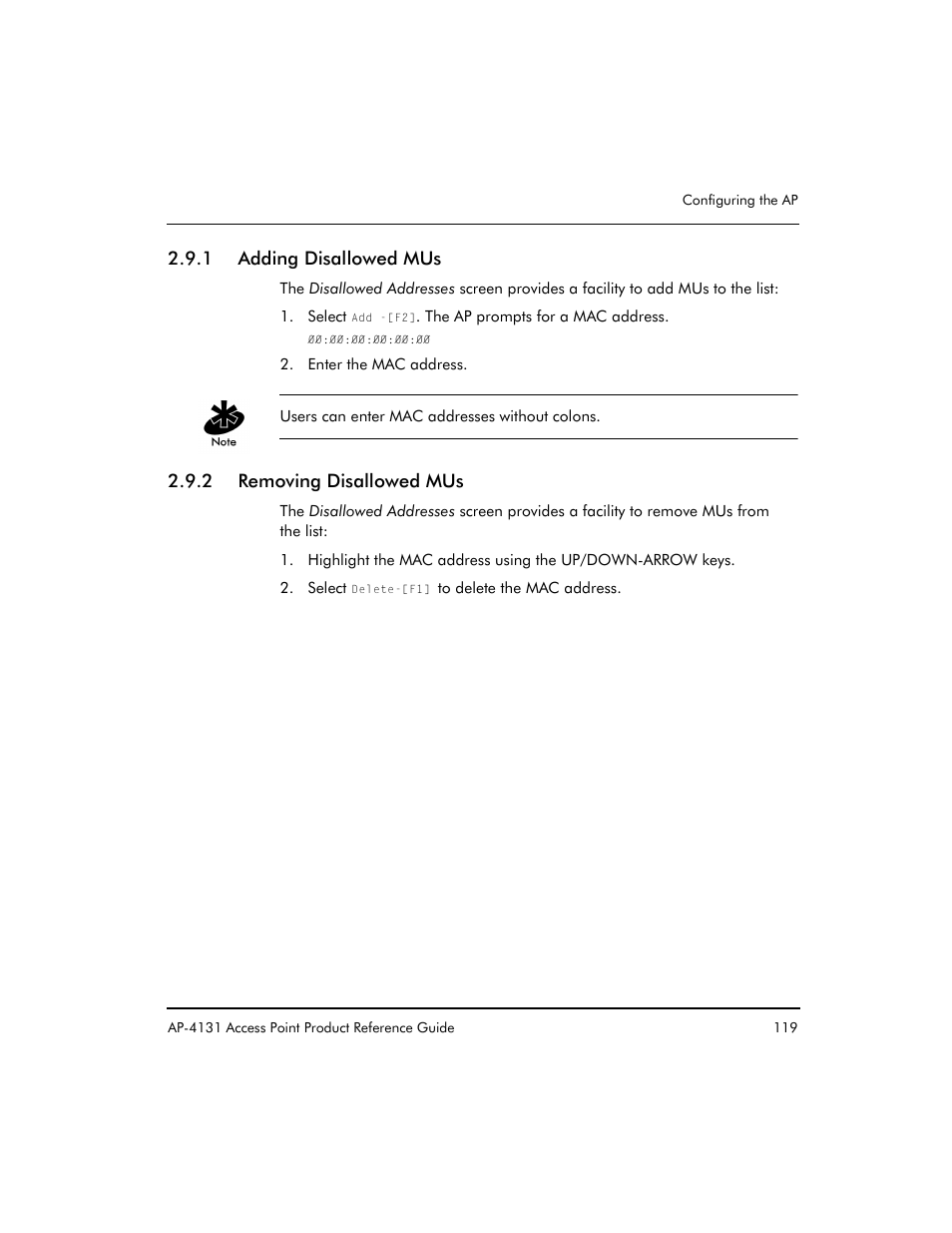 1 adding disallowed mus, 2 removing disallowed mus | Symbol Technologies Spectrum24 AP-4131 User Manual | Page 129 / 250