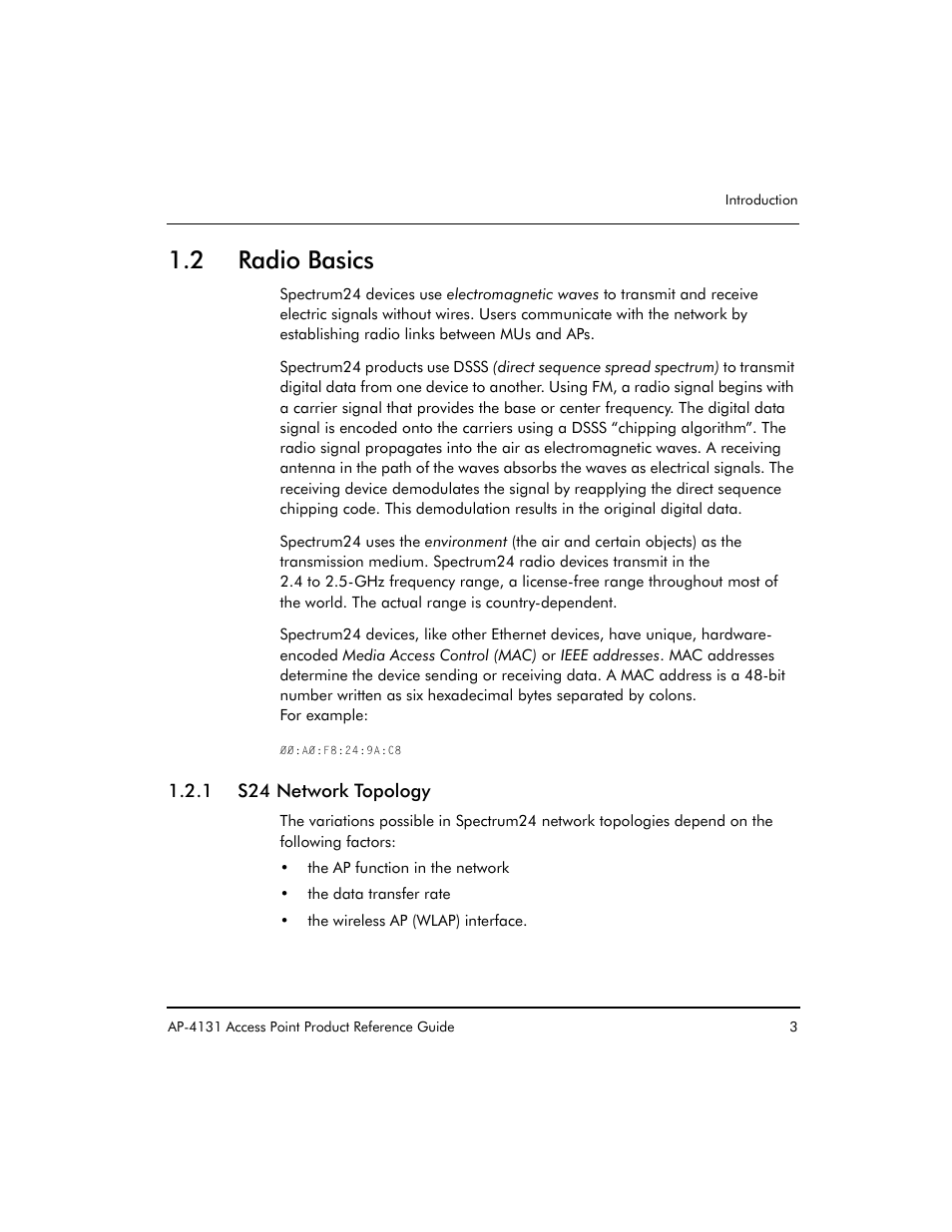 2 radio basics, 1 s24 network topology | Symbol Technologies Spectrum24 AP-4131 User Manual | Page 13 / 250