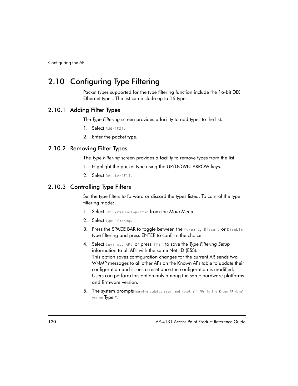 10 configuring type filtering, 1 adding filter types, 2 removing filter types | 3 controlling type filters | Symbol Technologies Spectrum24 AP-4131 User Manual | Page 130 / 250