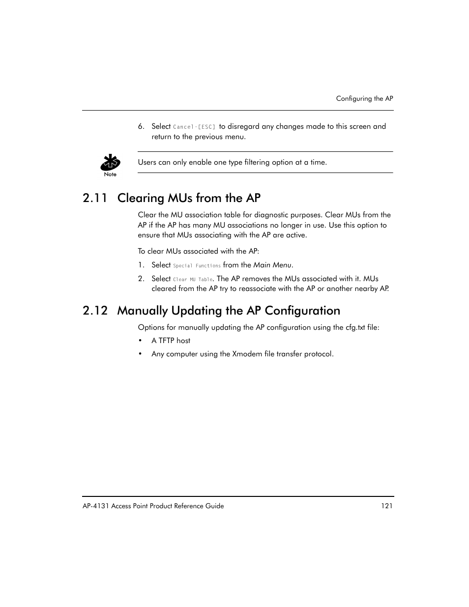 11 clearing mus from the ap, 12 manually updating the ap configuration | Symbol Technologies Spectrum24 AP-4131 User Manual | Page 131 / 250