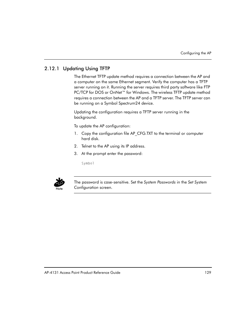 1 updating using tftp | Symbol Technologies Spectrum24 AP-4131 User Manual | Page 139 / 250