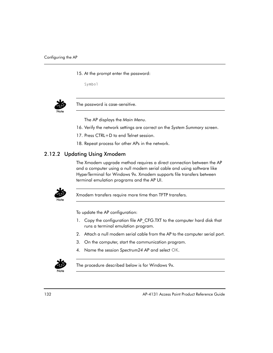 2 updating using xmodem | Symbol Technologies Spectrum24 AP-4131 User Manual | Page 142 / 250