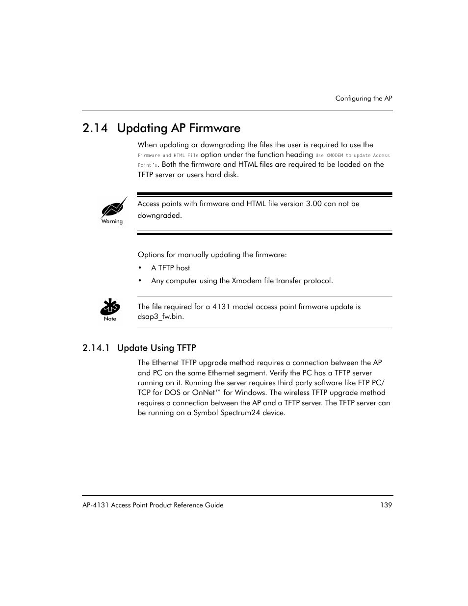 14 updating ap firmware, 1 update using tftp | Symbol Technologies Spectrum24 AP-4131 User Manual | Page 149 / 250