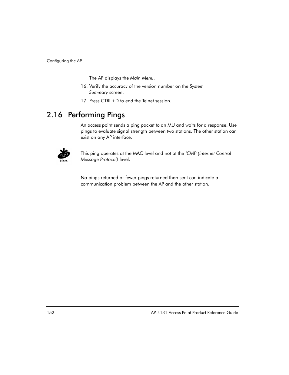 16 performing pings | Symbol Technologies Spectrum24 AP-4131 User Manual | Page 162 / 250