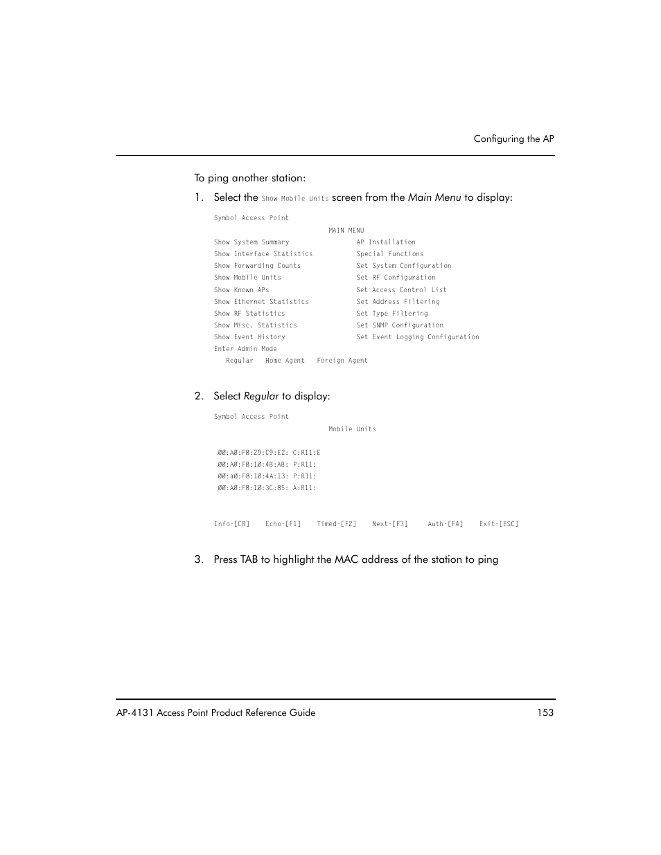 Screen from the main menu to display, Select regular to display | Symbol Technologies Spectrum24 AP-4131 User Manual | Page 163 / 250