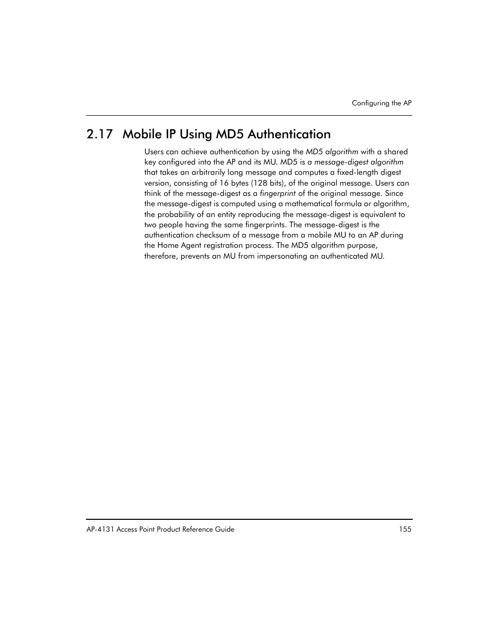 17 mobile ip using md5 authentication | Symbol Technologies Spectrum24 AP-4131 User Manual | Page 165 / 250