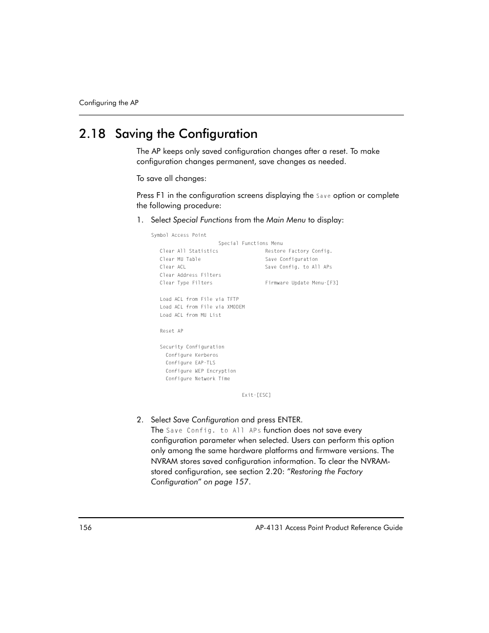 18 saving the configuration | Symbol Technologies Spectrum24 AP-4131 User Manual | Page 166 / 250