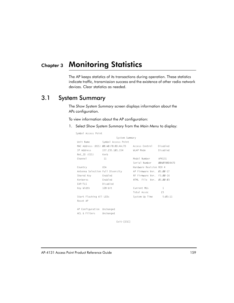 Chapter 3 monitoring statistics, 1 system summary, Monitoring statistics | Chapter 3 | Symbol Technologies Spectrum24 AP-4131 User Manual | Page 169 / 250