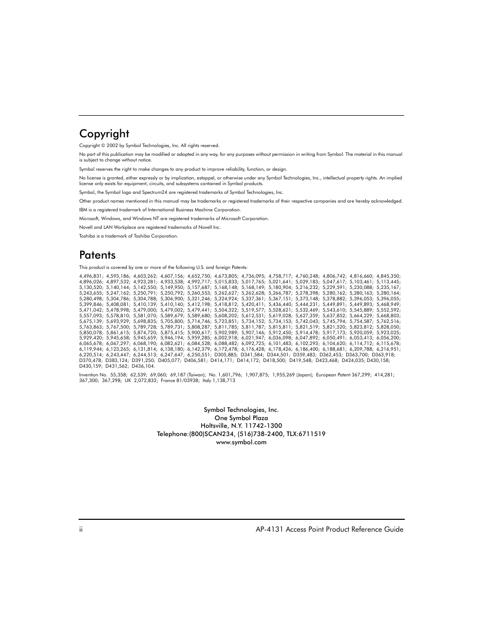 Copyright, Patents, Ii ap-4131 access point product reference guide | Symbol Technologies Spectrum24 AP-4131 User Manual | Page 2 / 250