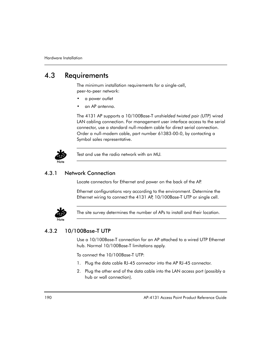 3 requirements, 1 network connection, 2 10/100base-t utp | Symbol Technologies Spectrum24 AP-4131 User Manual | Page 200 / 250